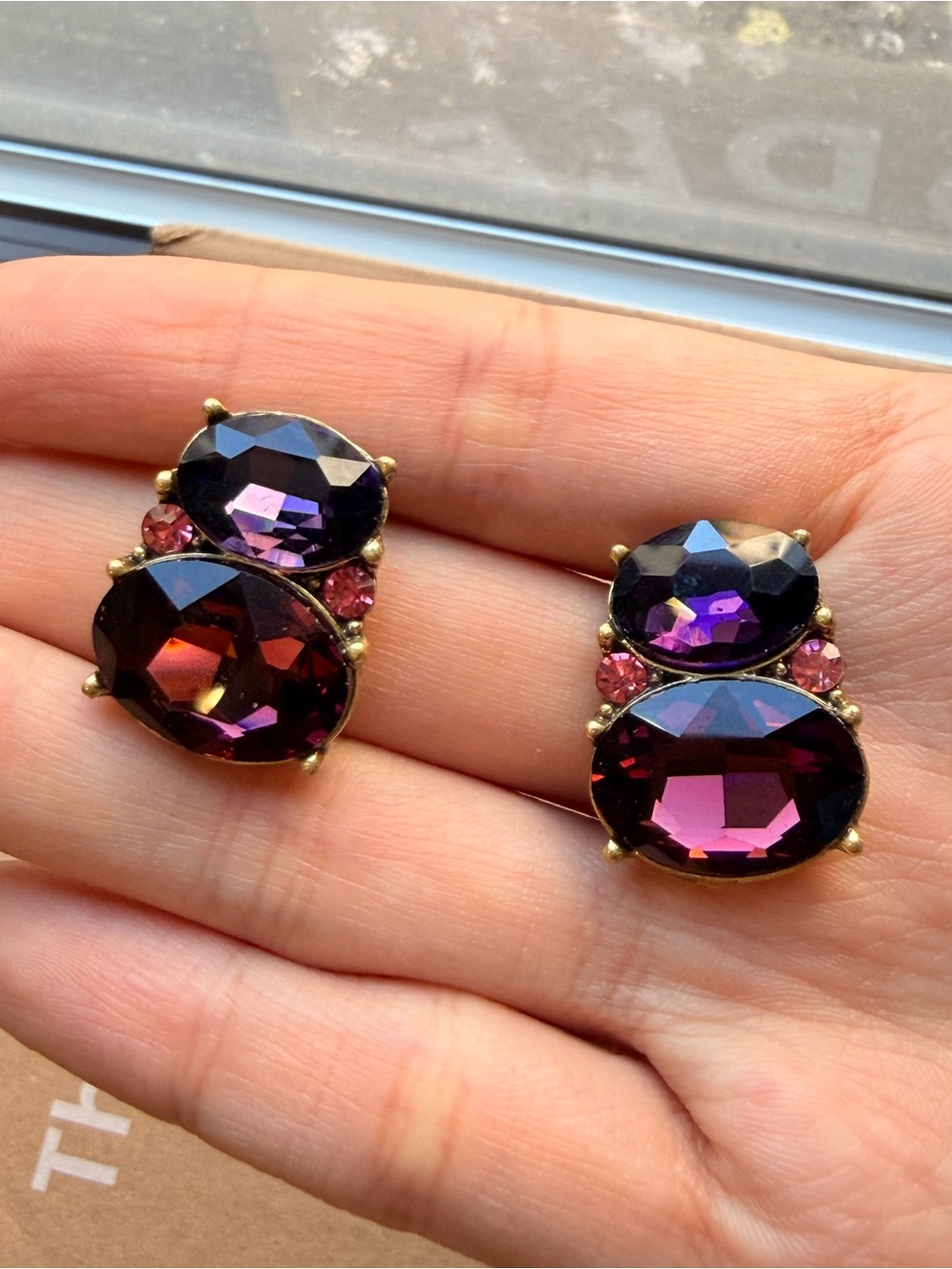 Gold-Tone Purple & Burgundy Crystal Stud Earrings - Picture 3 of 7